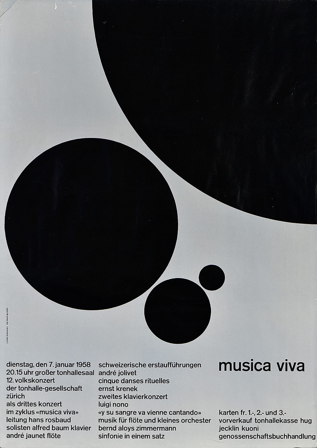 A poster with differently sized black circles above small black text.