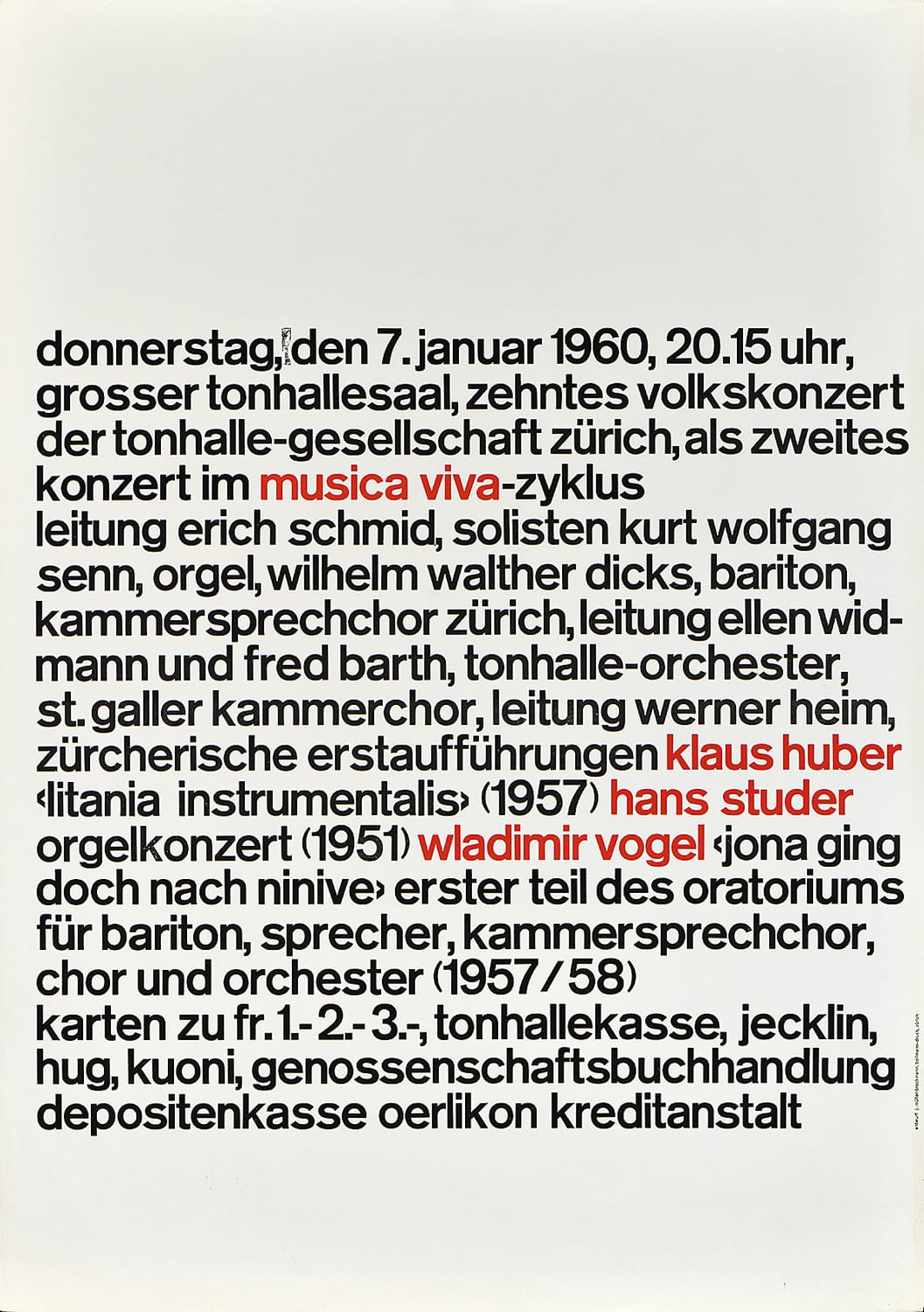 A poster with black text and a few words in red.