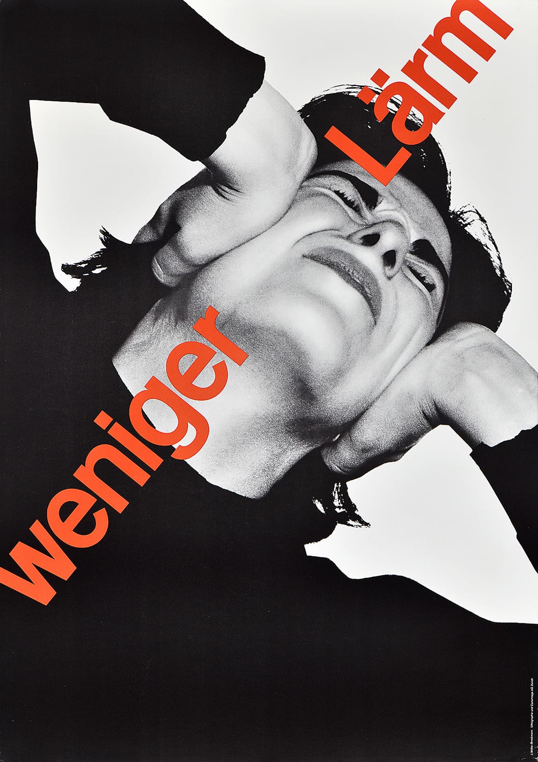 A poster of a black and white photograph of a person covering their ears with their hands and orange diagonal text.