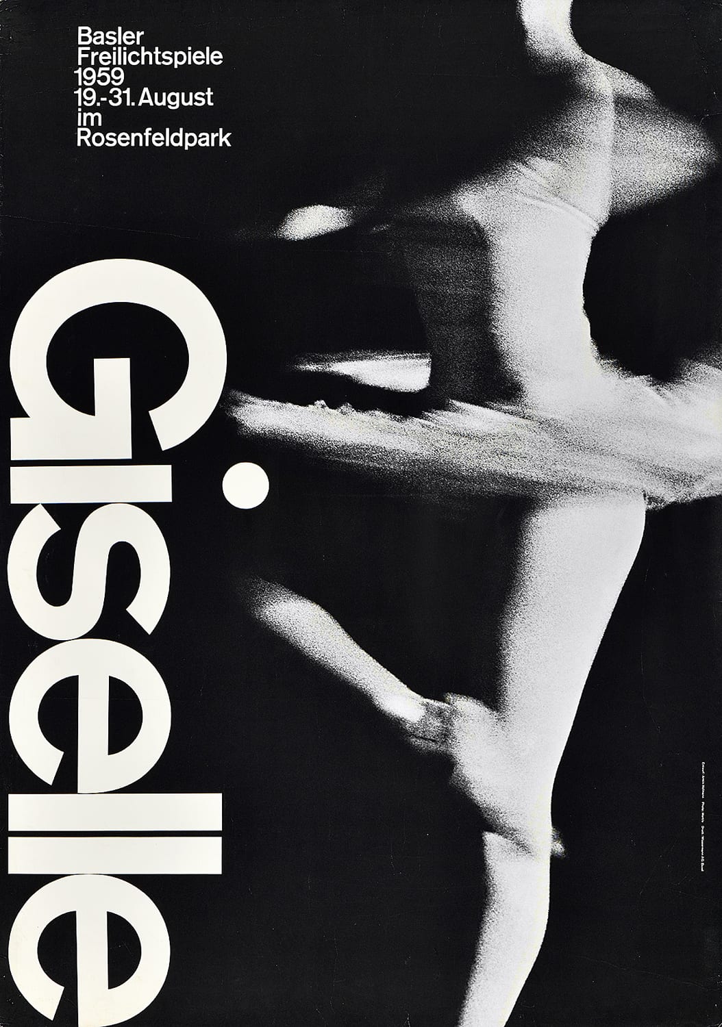 A poster with a blurry photograph of a black and white ballerina dancing and large white text along the left edge.