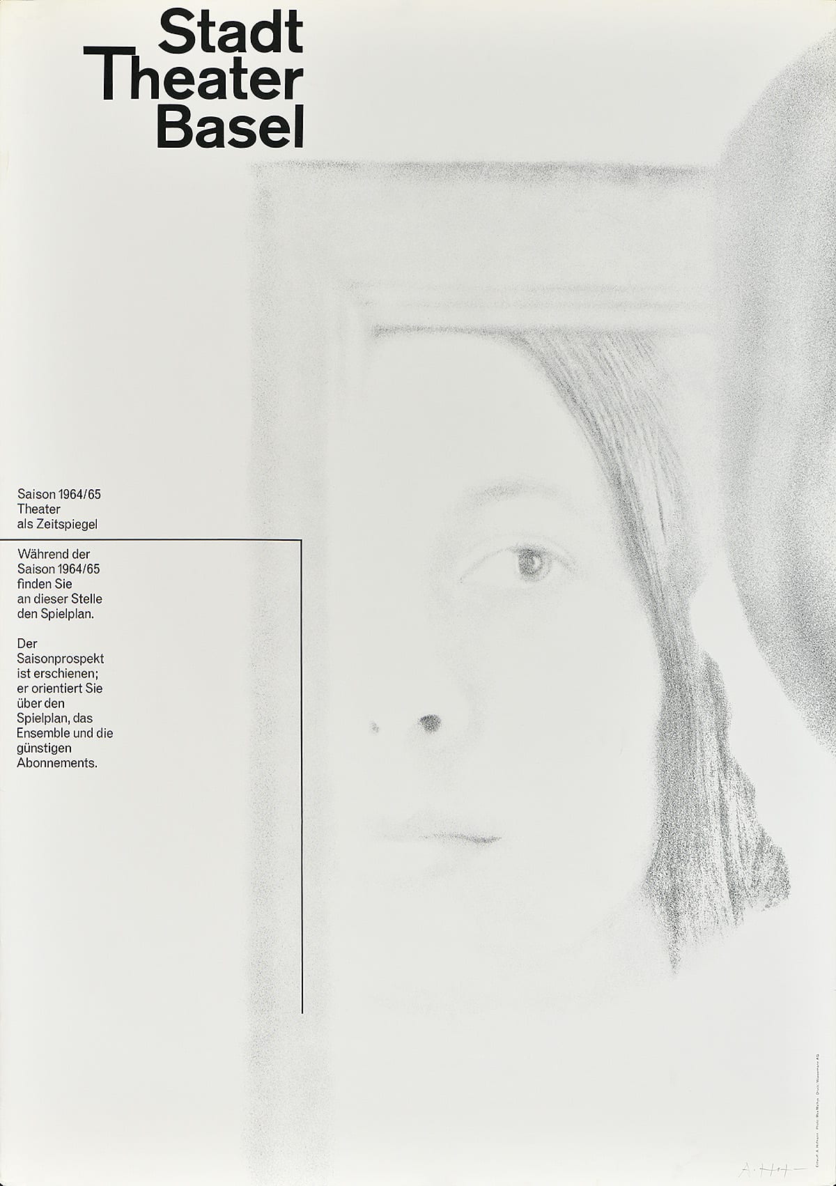 A poster with a washed out female face within a framed mirror.